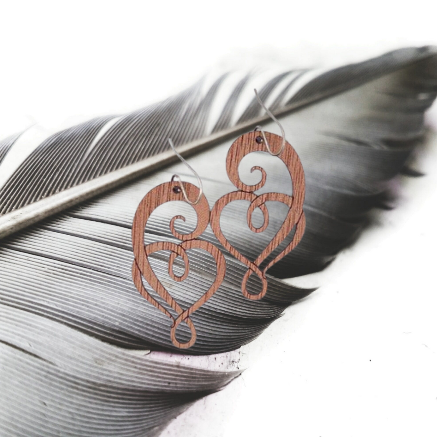 Wooden Koru Heart Earrings