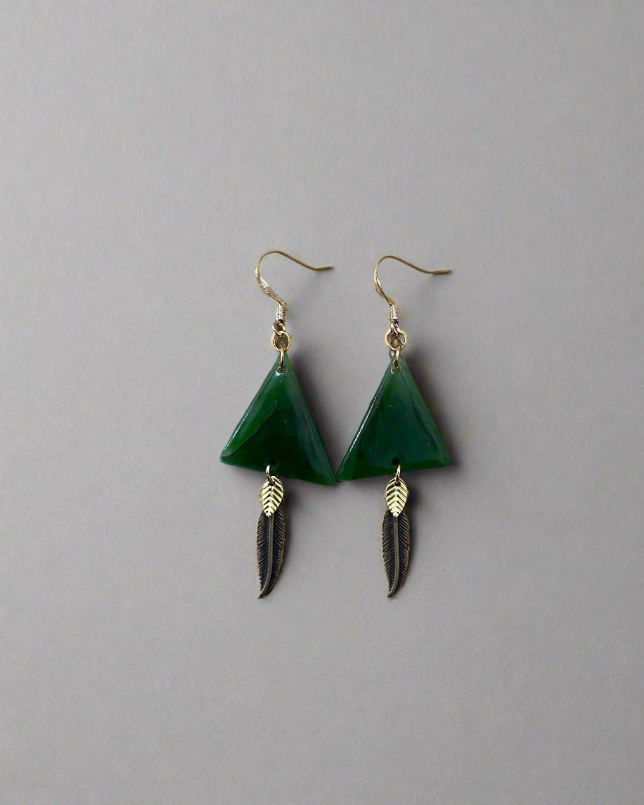 Pounamu Earrings - With gold feather detailing