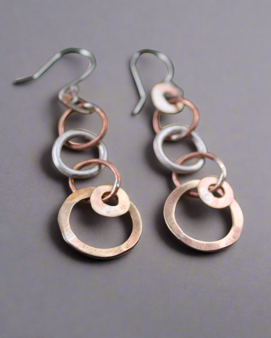 Silver, Brass & Copper Long Drop Earrings