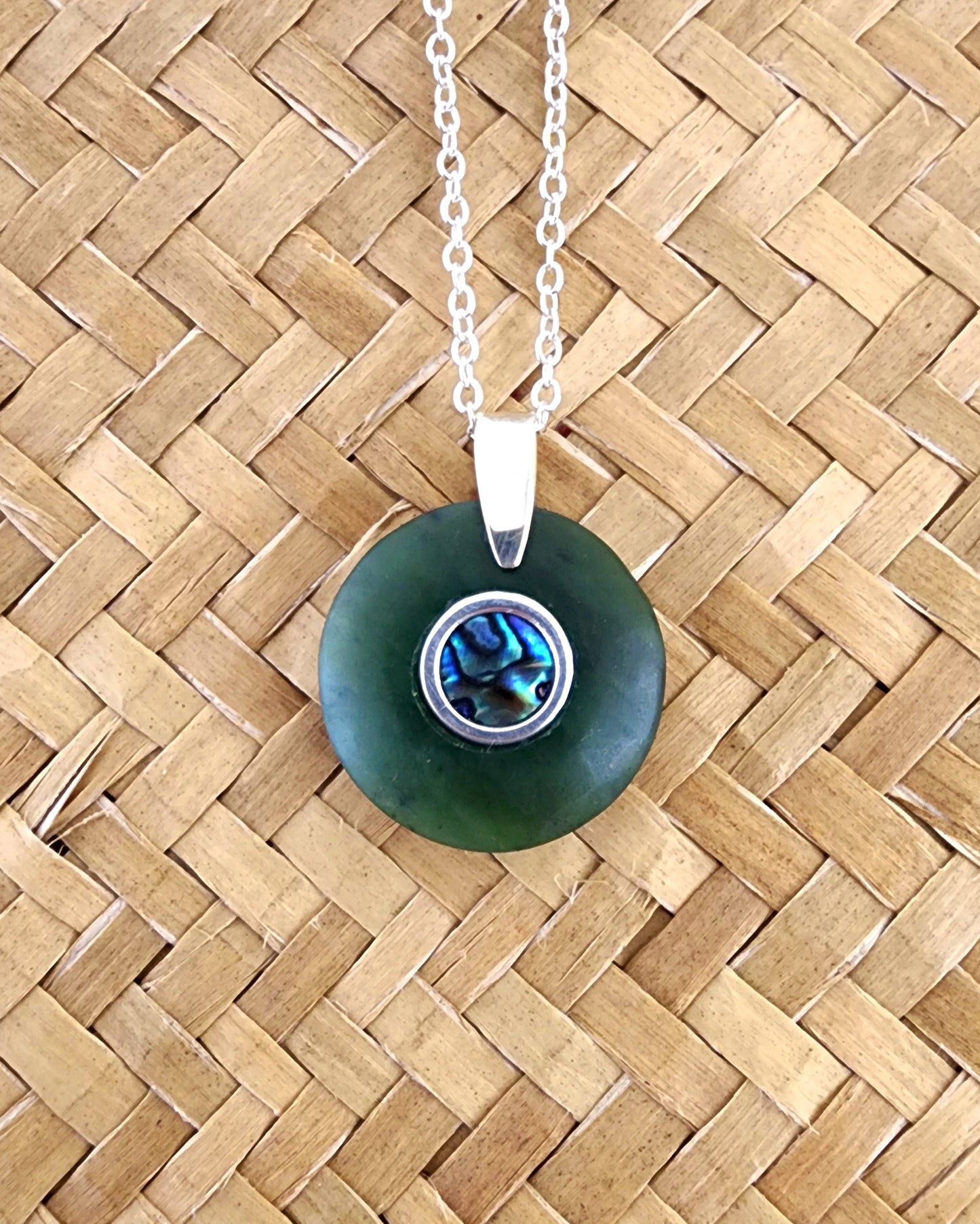Round Greenstone Pendant with Paua