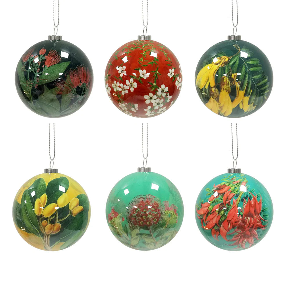 Box of six floral Christmas Baubles