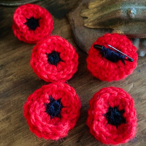 Crochet Anzac poppy Brooch