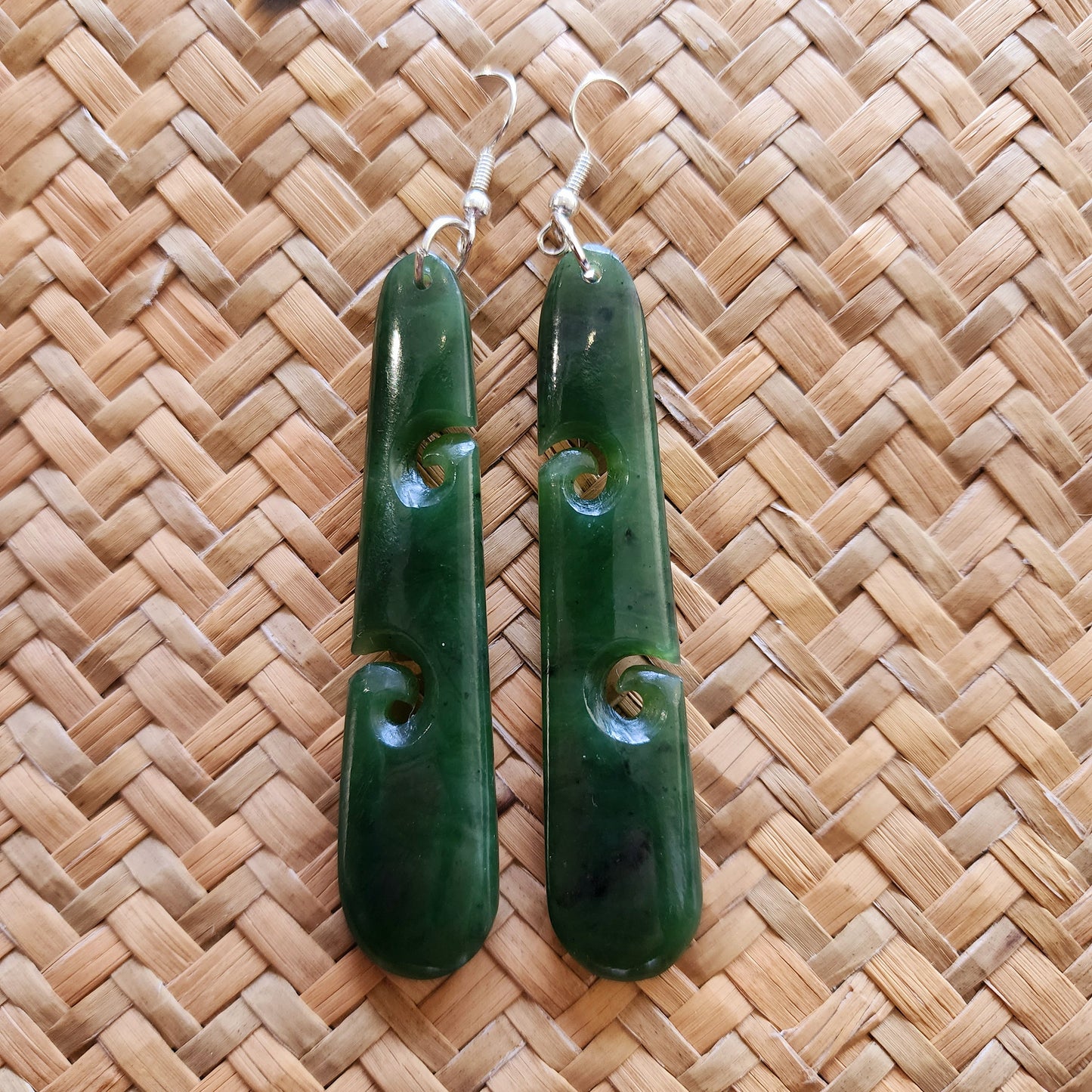 Teardrop Double Koru Long Earrings - Pounamu