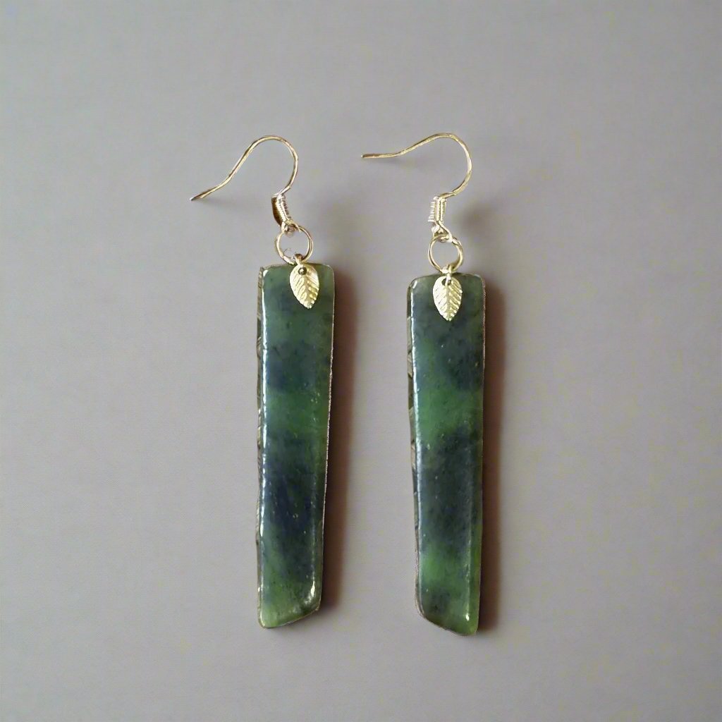 Pounamu Earrings - Long with Leaf detail