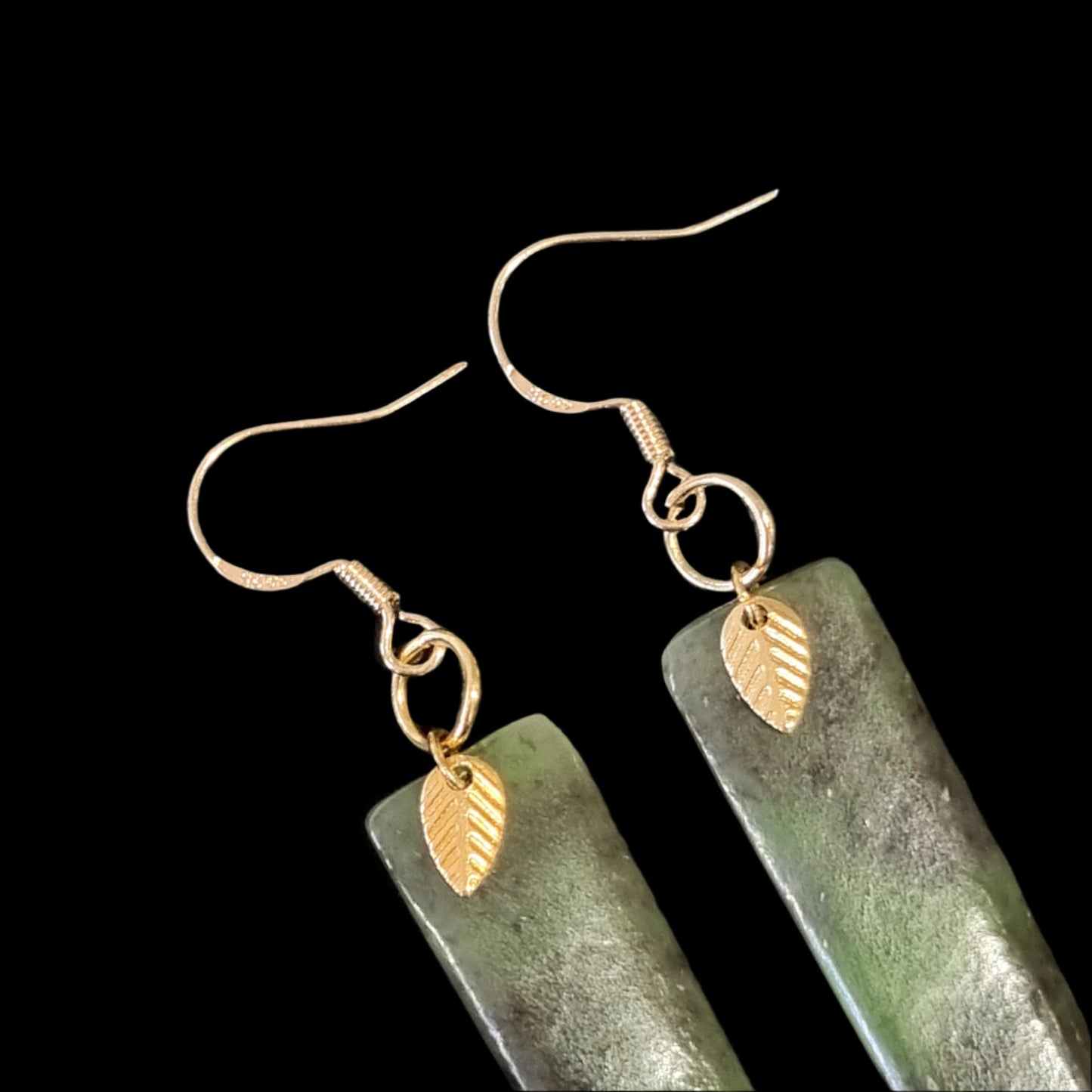 Pounamu Earrings - Long with Leaf detail