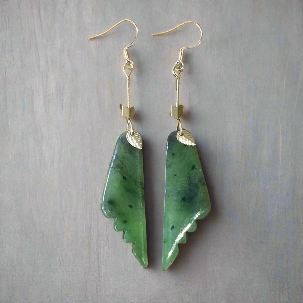 Pounamu Earrings - Wings with Leaf detail