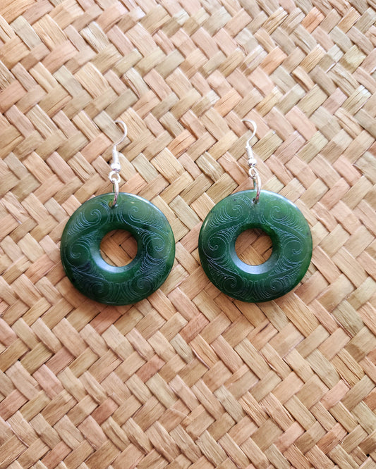 Carved Circle pounamu earrings