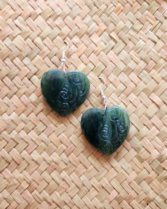 Carved heart pounamu earrings