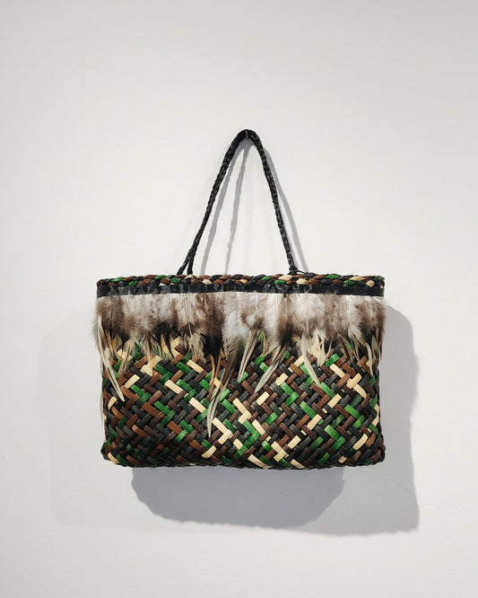 Mixed Harakeke Kete - Rooster Feathers