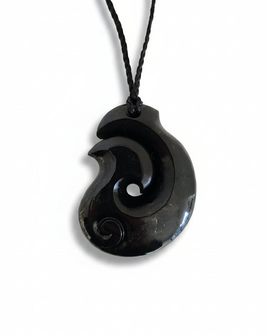Pounamu Round Fishhook with Koru Carving