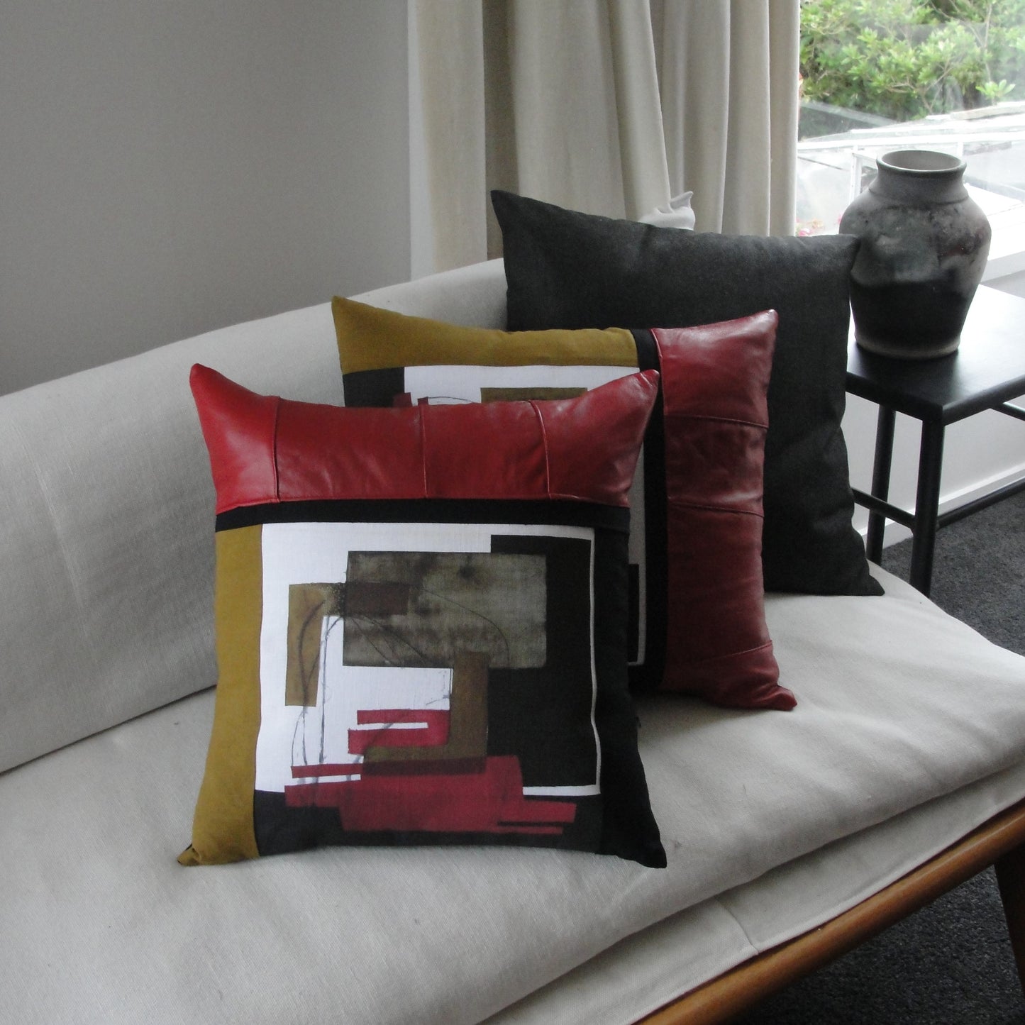 Cushion in Mustard and Red Leather