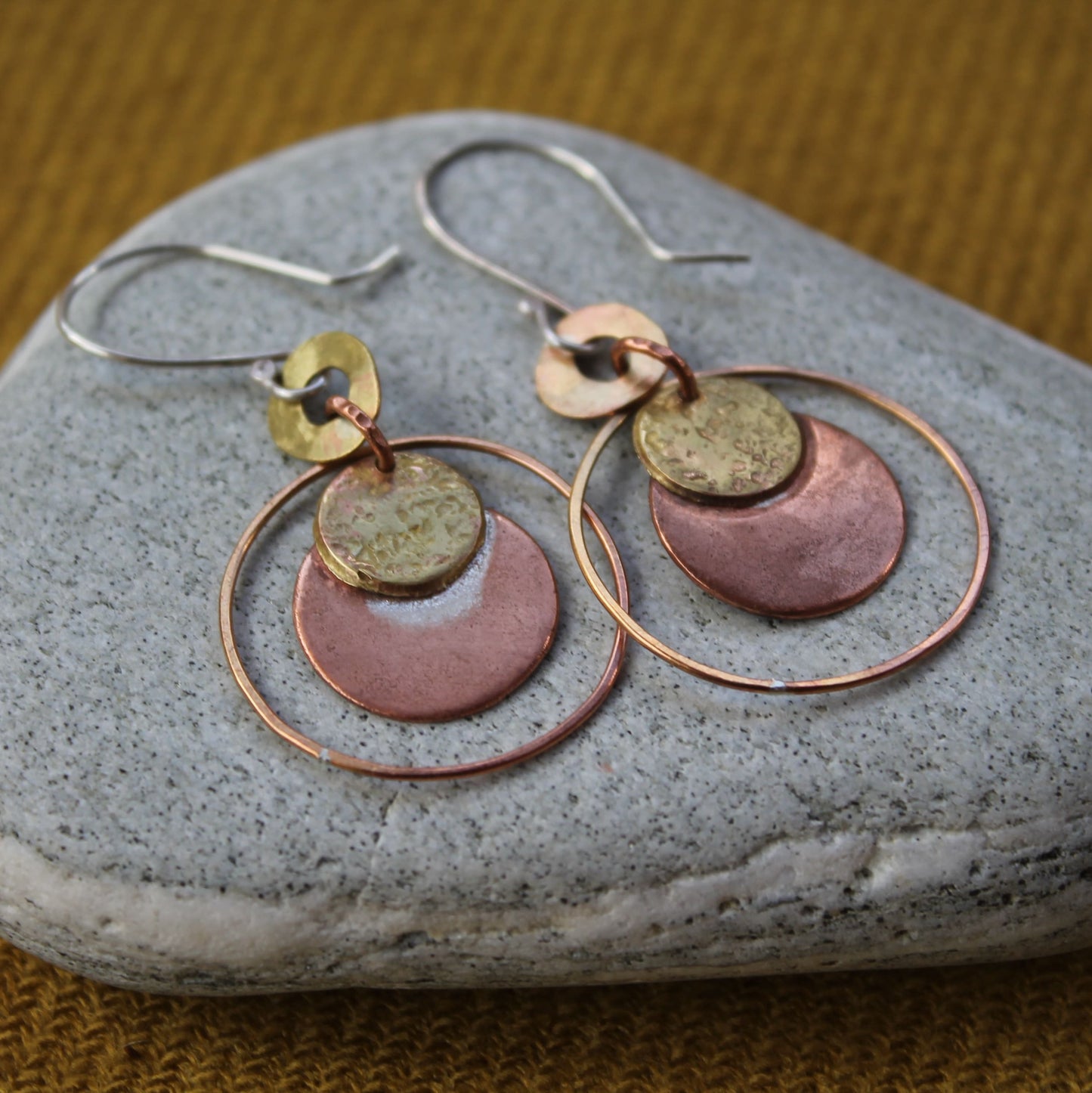 Brass and Copper Drop Earrings with Hoop