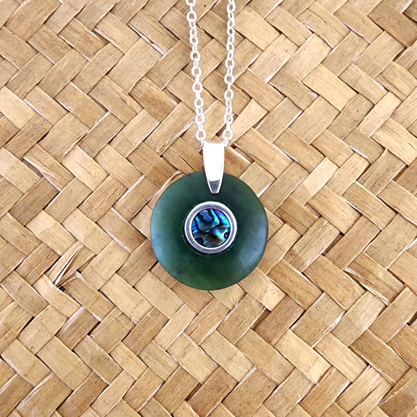 Round Greenstone Pendant with Paua